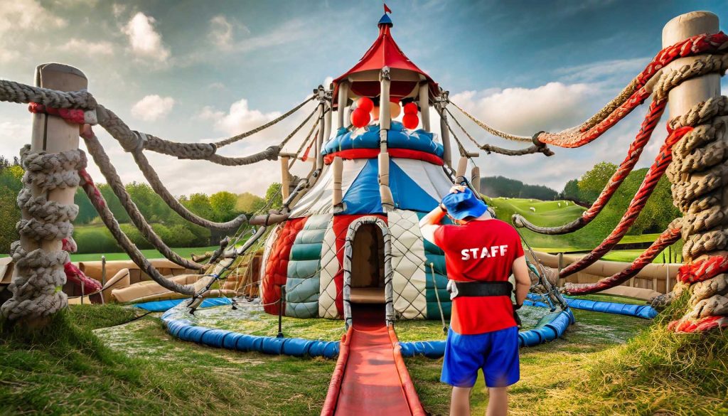 Image humoristique représentant un château gonflable bien fixé par plein de corde et un homme vu de dos au premier plan se grattant la tête, un peu dépité
